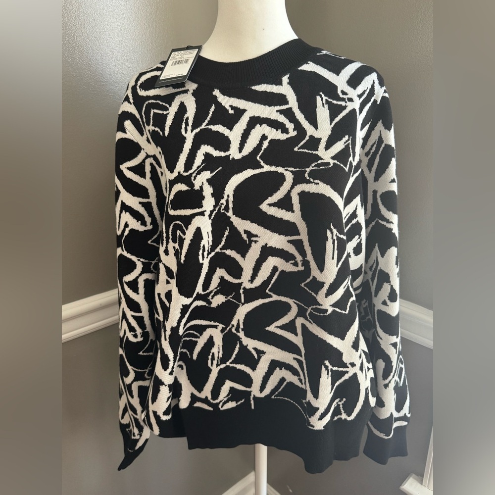 NWT Adrianna Papell Womens Crew neck Sweater Black White Hearts 1X